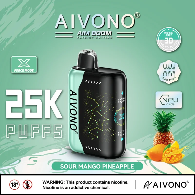 Nový Aivono Aim Boom 25000 potáhnutí Jednorázová spirálka Vape Mesh Coil 3D zakřivená obrazovka Velkoobchodní prodej Přímo z továrny K dispozici několik příchutí Nikotin 0% 2% 3% 5%6