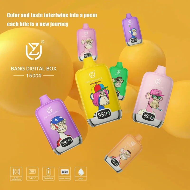 UZY Bang Digital 15000 Puffs Одноразовая вейп-ручка премиум-класса емкостью 20 мл с несколькими вариантами никотина для оптовой продажи никотина 0 2 3 5 7