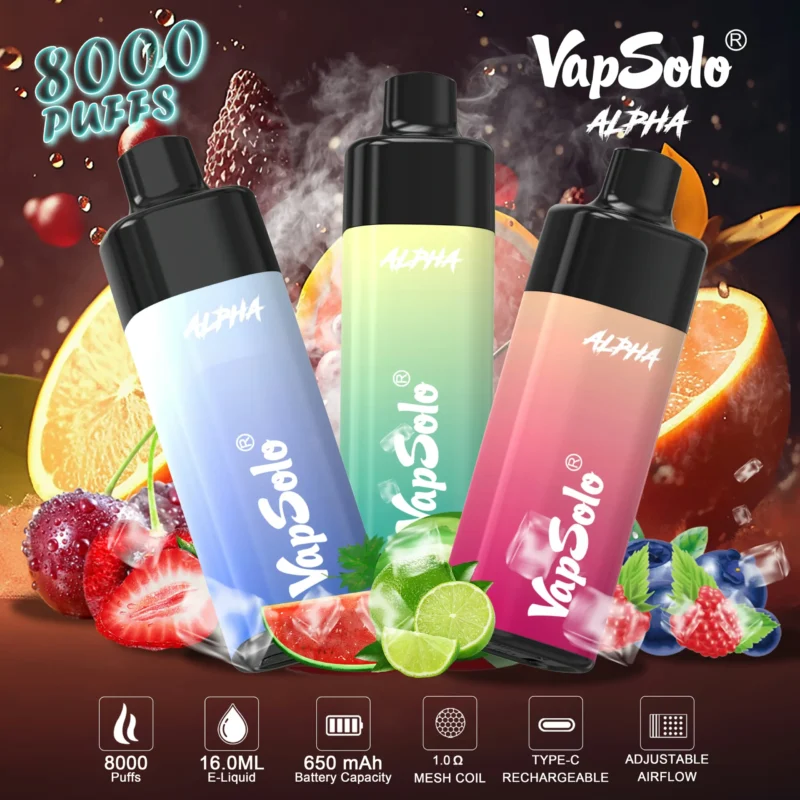 Penna Vape usa e getta Vapsolo Alpha 8000 all'ingrosso con bobina in rete e display LCD con flusso d'aria regolabile Acquista all'ingrosso dalla fabbrica cinese (1)