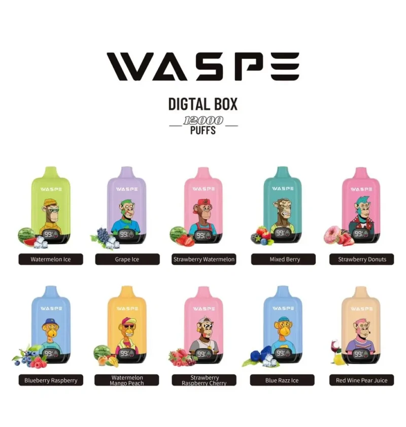 Atacado Waspe 12000 Puffs Caixa Digital Caneta Vape Descartável com Display LCD 20ml Capacidade Bobina de Malha Múltiplos Níveis de Nicotina 0 2 3 5 9