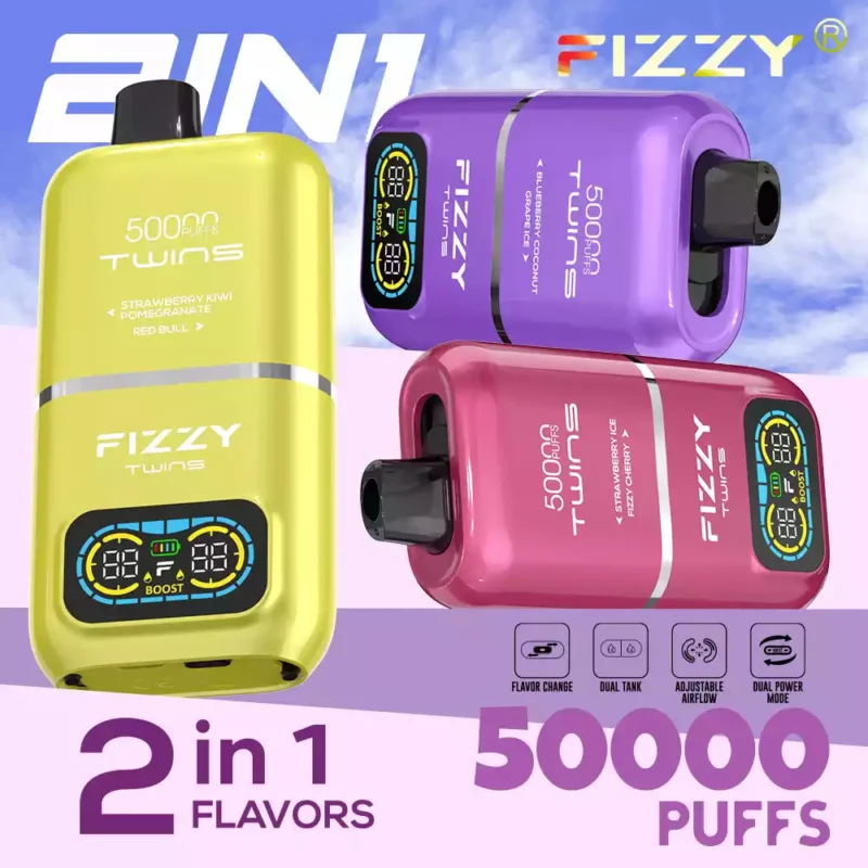 FIZZY Twins 50000 boccate 50ML di liquido elettronico e 12 aromi con bobina a rete per un piacere di svapo prolungato 50